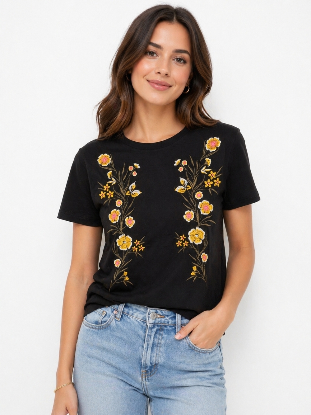 Black Embroidered Floral Crewneck Blouse with Yellow & Pink Blooms